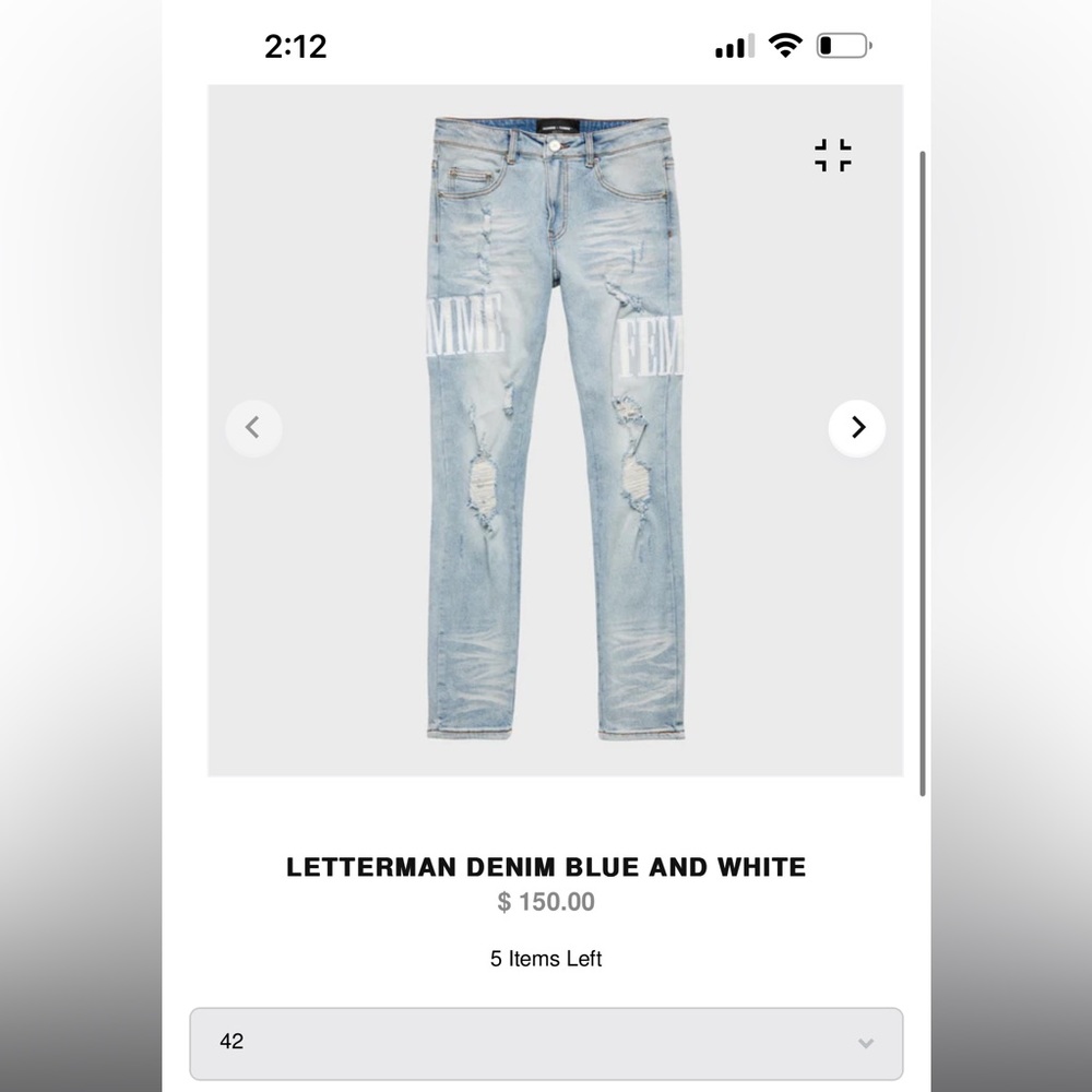 Homme & Femme brand jeans. LETTERMAN DENIM BLUE AND WHITE. Never worn before